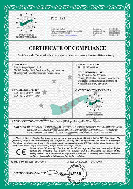 Chiny Sichuan Senpu Pipe Co., Ltd. Certyfikaty